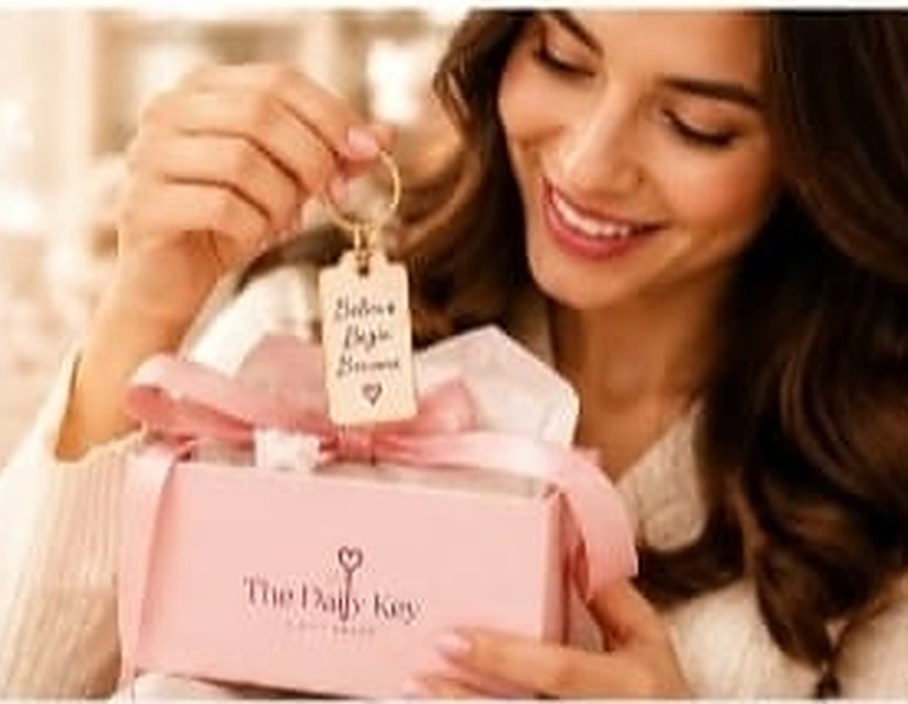 A woman smiling as she lifts a keychain tag from a blush gift box