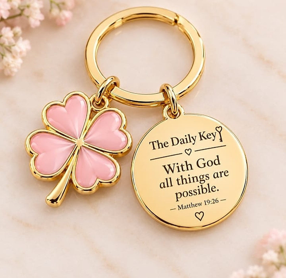 Gold keychain with a pink heart-petal clover charm and a gold disc engraved with a Bible verse